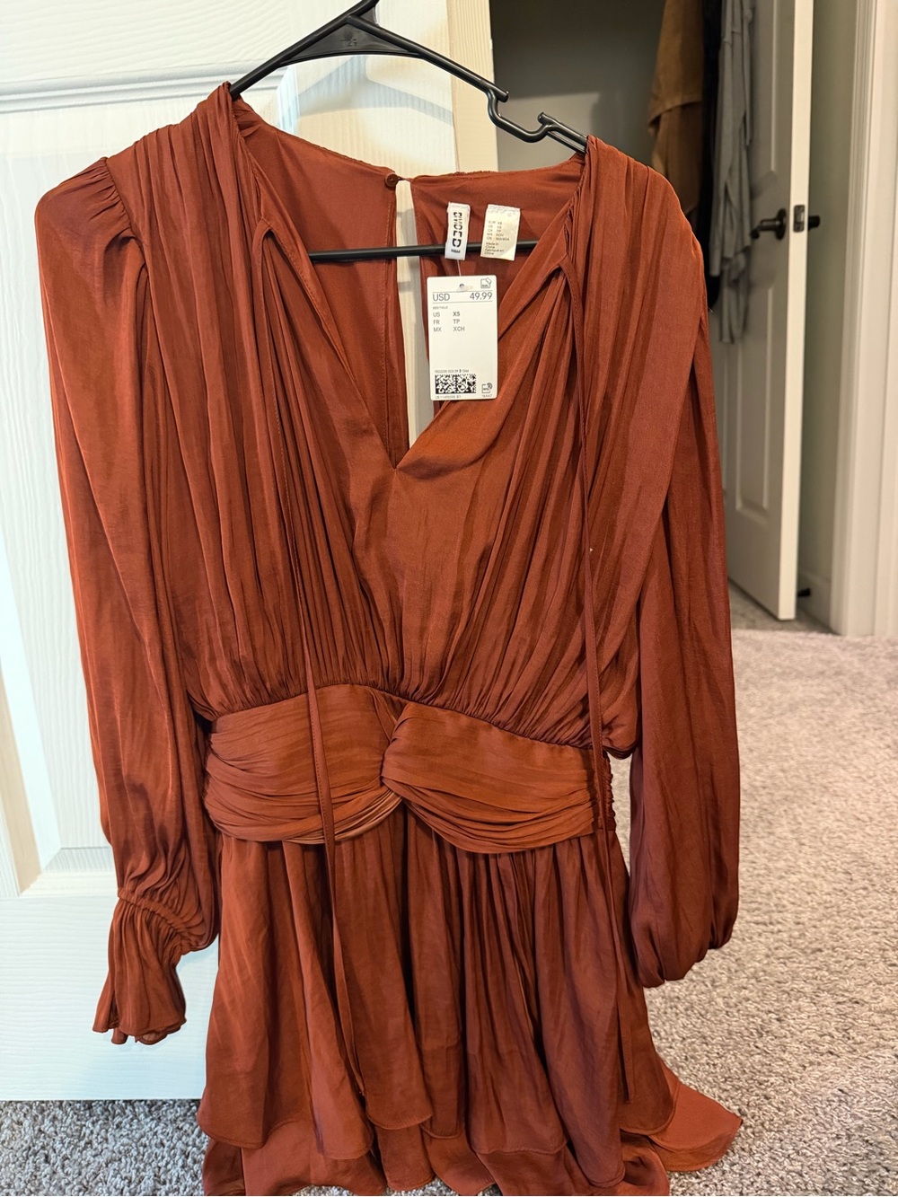 Divided Burnt Orange Long-Sleeve V-Neck Draped Dress